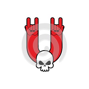 Rock hand and skull symbol of music. Rock and roll emblem isolated