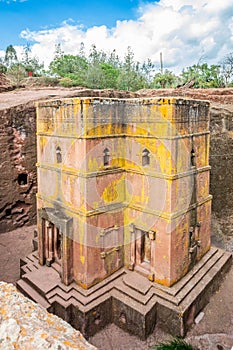 Rock hewn monolithic cross shaped ortodox church of Saint George, Lalibela, Amhara Region, Ethiopia photo