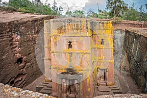 Rock hewn monolithic cross shaped ortodox church of Saint George, Lalibela, Amhara Region, Ethiopia photo