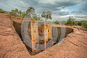 Rock hewn monolithic cross shaped ortodox church of Saint George, Lalibela, Amhara Region, Ethiopia photo