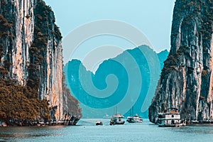 Rock islands near floating village in Halong Bay. Beautiful sea landscape in Ha Long Bay Vietnam