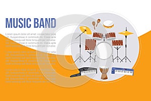 Rock or jazz musical band instruments banner, vector illustration. Concert poster, musical party, card, flyer or website