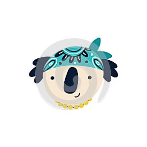 Rock Koala. Vector cartoon character in rock accessories and a cool bandana on his head. Isolate illustration on white