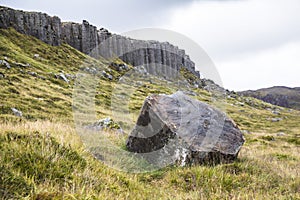 Rock in landscape of Gerduberg cliffs, Snaefellsnes, Iceland