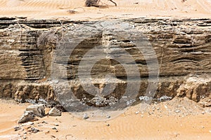 Rock layers texture in desert area. Landslip photo