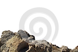 Rock mountain slope or top foreground close-up isolated on white background. Element for matte painting, copy space.