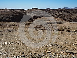 Rock mountain texture lining landscape background of Namib desert unique geography with splitting stone ground and desert plant