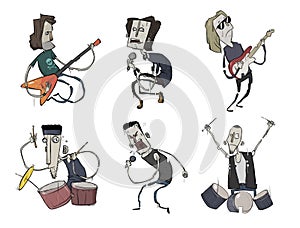 Rock music band set. Music group. Guitarists, singers and drummers play heavy metal. Vector characters, Illustration