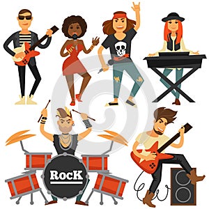 Rock music band singer, bass guitarist and percussion player vector flat icons