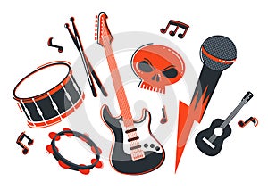 Rock music band vector flat illustration isolated over white background, hard rock and heavy metal live sound festival or concert