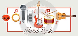 Rock music band vector poster flat illustration isolated over white background, hard rock and heavy metal live sound festival or