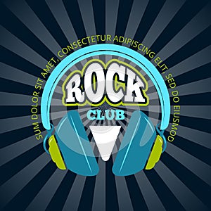 Rock music club, music vector logo, badge, emblem with headphones