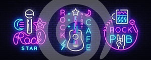 Rock Music collection Neon Logos Vector. Rock Pub, Cafe, Rock Star Neon Signs, Conceptual symbols, Bright Night