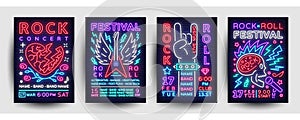 Rock music concert poster collection vector. Design Template Rock Music Festival Flyers set, Neon Style, Neon Banner