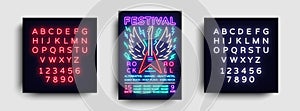 Rock music concert poster vector. Design Template Rock Music Festival, Neon Style, Neon Banner, Light Flyer, Concert