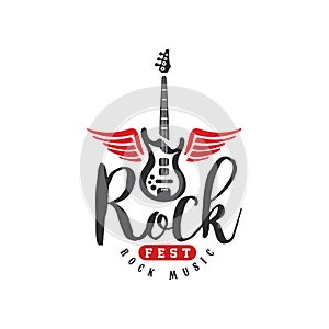 Rock music fest logo, emblem for Rock festival, guitar party, musical performance, design element can be used for poster