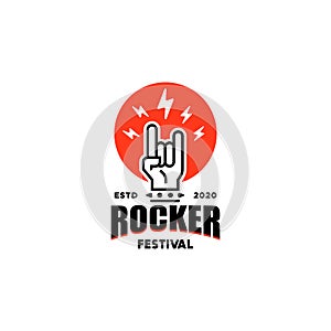 Rock music fest logo with rocker or metal hand gesture, emblem for Rock festival,party, musical performance