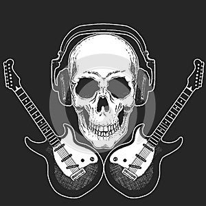 Rock music festival. Cool print with skull and headphones for poster, banner, t-shirt. Guitars