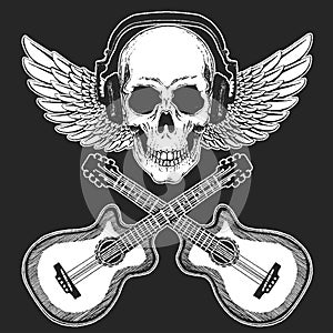 Rock music festival. Cool print with skull and headphones for poster, banner, t-shirt. Guitars, wings