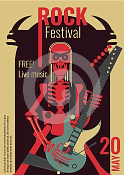 Rock music festival poster vector illustration template for live rock concert placard of skeleton rocker playing guitar