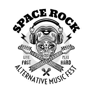 Rock music festival vector emblem, label, badge or logo with alien head in headphones and two crossed broken guitar
