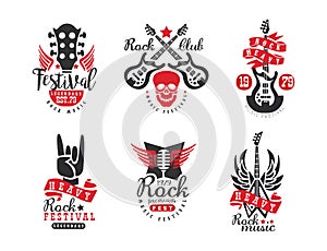 Rock music festival vintage labels set. Rockfest club retro logo design vector illustration