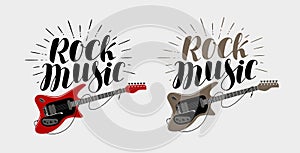 Rock music lettering. Guitar, musical string instrument symbol. Vector illustration