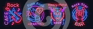 Rock music neon sign. Metal band vintage poster, night party retro emblems, punk band logo. Rock n Roll vector neon