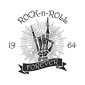Rock music print with skeleton hand, sunburst and ribbon. Design for t-shirt, clothes, apparel. Vector illustration.