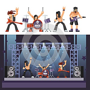 Rock music rockers band performing on stage singer, bass guitarist percussion vector icons