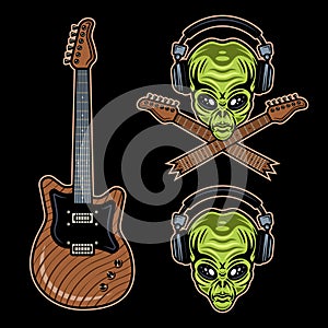 Rock music set of vector objects, alien head in headphones and guitar. Colorful cartoon illustrations on dark background