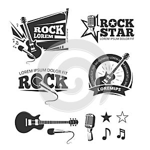 Rock music shop, recording studio, karaoke club vector labels, badges, emblems logos