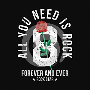 Rock music style t-shirt design with red rose and number. College and varsity style graphic for t-shirt print