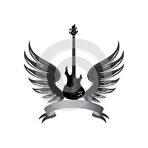 Rock music symbol. Electric guitar with wings and bow ribbon for
