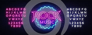 Rock Music Vector Neon. Rock Music Neon Sign, Bright Night Sign, Light Banner, Neon Night Live Music Promotion