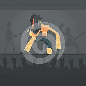 Rock Musician, Brutal Man Singing with Microphone, Rock Band Member Character Cartoon Vector Illustration