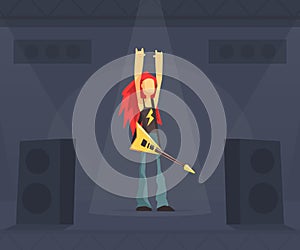 Rock Musician, Male Guitarist Performing on Stage, Rock Band Member Character Cartoon Vector Illustration