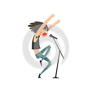 Rock musician, male singer singing into microphone vector Illustration