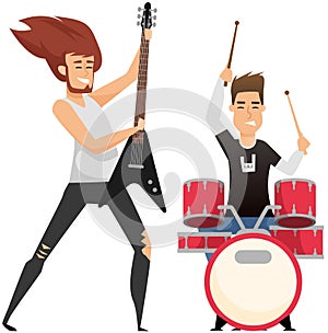 Rock musician playing on electrical guitar cartoon character standing on stage near music speaker