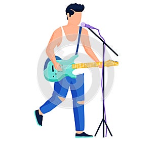 Rock musician playing on electrical guitar sings song stands near microphone isolated character