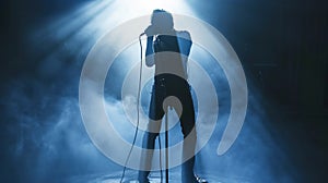 Rock musician singer holding a microphone standing on stage singing. Blue smoke clouds. Dynamic emotional image