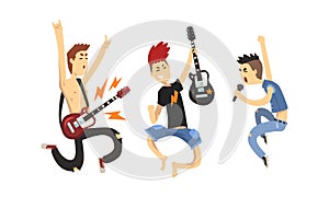 Rock Musicians Characters Set, Musical Band Members Playing Guitar and Singing with Microphone Cartoon Style Vector