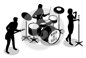 Rock musicians guitarist, drummer and frontwomen illustration black white silhouette isometric icons on isolated background