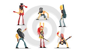 Rock Musicians Set, Male Rockers Performing on Stage Vector Illustration