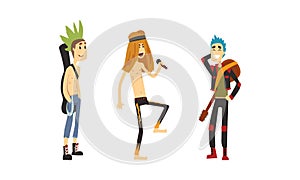 Rock Musicians Set, Rock Stars Characters, Male Singer and Guitarists with Musical Instruments Cartoon Vector