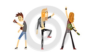 Rock Musicians Set, Rock Stars Characters Playing Guitar and Singing Cartoon Vector Illustration