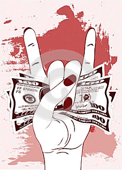 Rock-n-roll hand gesture with crumpled one hundred dollars on textured background with red paint.