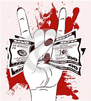 Rock-n-roll hand gesture with crumpled one hundred dollars on textured background with red paint.