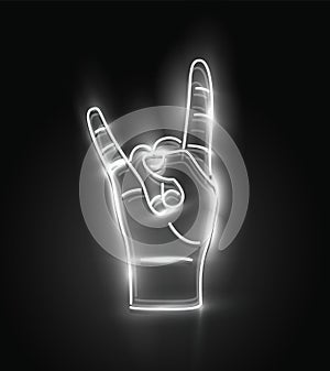 Rock-n-roll hand white neon glowing sign. Hand with two fingers in devil horns gesture on black background. Vector illustration