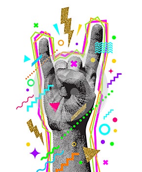 Rock`n`roll or Heavy Metal hand sign. Two fingers up. Engraved style hand and multicolored abstract elements. Vector illustratio